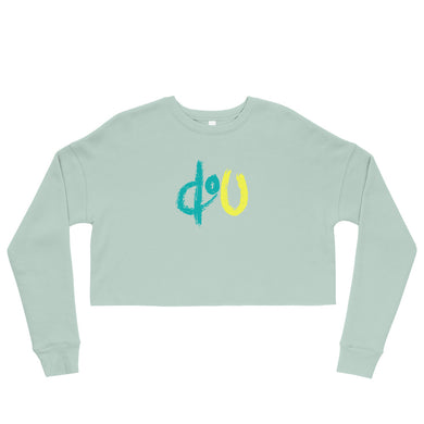 doU Women's Blue/Yellow Logo Crop Sweatshirt (Dusty Blue)