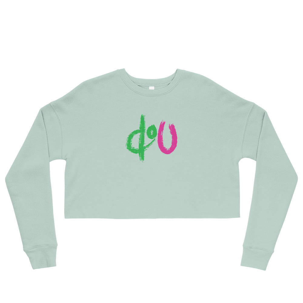 doU Women's Green/Pink Logo Crop Sweatshirt (Dusty Blue)